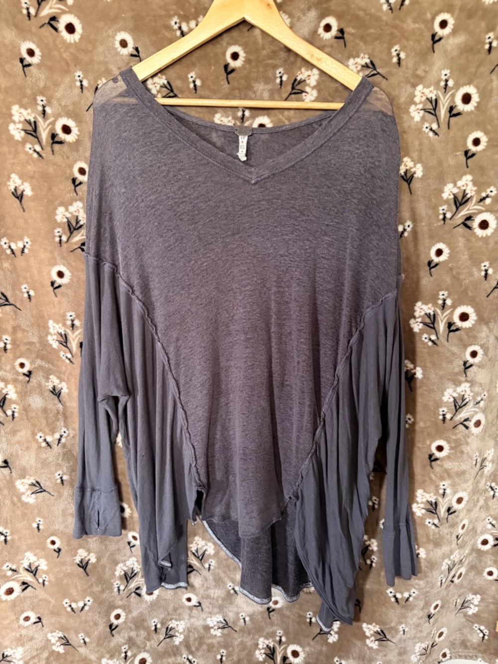 We The Free Washed Charcoal V-Neck Long Sleeve Top